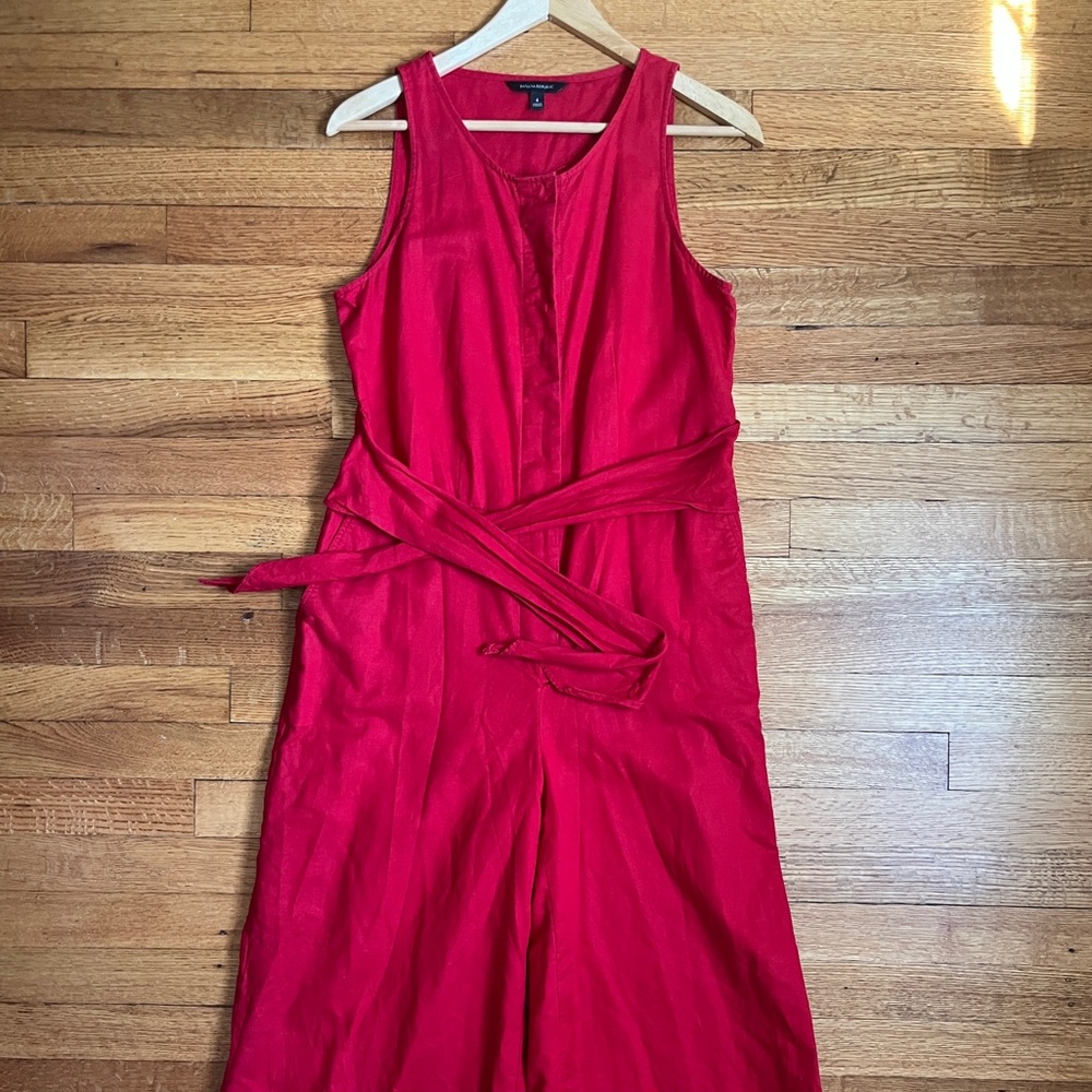 Banana Republic Red Linen Blend Wide Leg Cropped Jumpsuit Front Bottom , US6